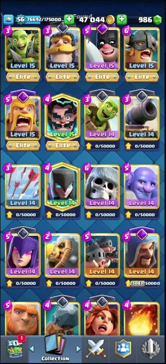 CR497 KT 15 LV56 | 9850 Trophies | 7 Evolutions | 65 Max Level Cards | 6 Elite Level 15 Cards | 120 Cards | 980 Gems | 159 Emotes
